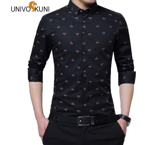 UNIVOS KUNI Casual Shirt Mens Dress Shirts Hawaiian Shirt Male Floral Leaf Print Mens Anti-Wrinkle Long Sleeve Shirt Q5143