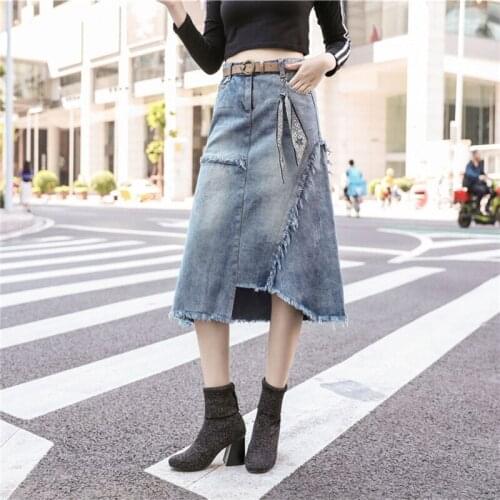 Y166 Womens High Waist Fringe Frayed Midi Long Denim Jean Skirt Irregular Asymmetrical Hem Button Front A-Line Casual Loose with