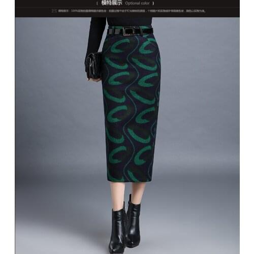 Woman Spring Oversized Empire Print Straight Slim Skirts Female Autumn Winter Plus Size Split Fork Thick Mid-calf Skirt