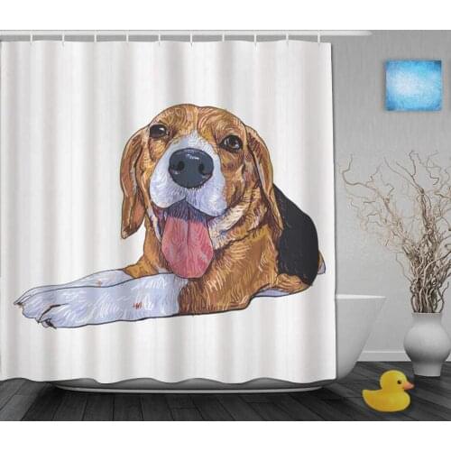 Shower Curtain,Beagle Close Up of a Friendly Dog Tongue Out Sketch of Animal,Cloth Fabric Bathroom Decor Set with Plastic Hooks