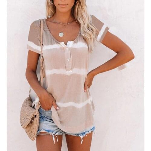 V-neck Buttons Tie-dye Patchwork Stripes Print Summer Ladies Loose T-shirt Casual Short Sleeves Harajuku Pullover Women T-shirts