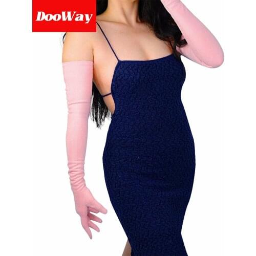 DooWay Women Super Long Gloves for Evening Costume Soft Faux Lambskin Suede Leather 27 inches (Light Pink)