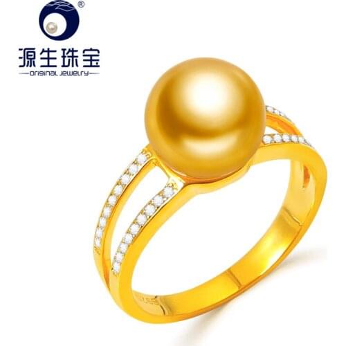YS Fashion Design 925 Sterling Silver Ring 9-10mm Natural Gold Saltwater South Sea Pearl Ring Fine Jewelry