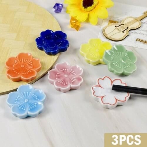 3PCS Ceramic Colorful Sakura Blossoms Chopsticks Holder Spoon Fork Chopstick Rest Stand Kitchen Tools Tableware