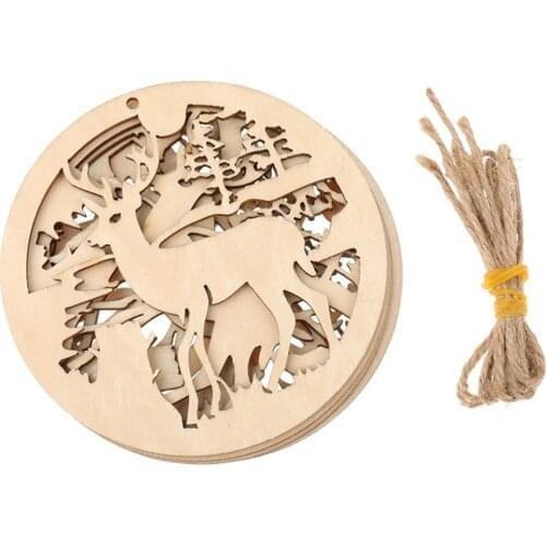 5pcs Handmade Round Wooden Hollow Deer Design Christmas Tree Gift Box Hanging Decorations New Year Wedding Decoration