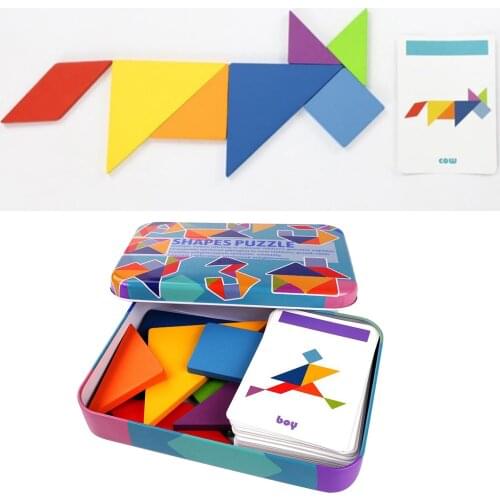 Kids Wooden Tangram Puzzle Montessori Pattern Block Sorting Stacking Game Toy Boys Girls 7 Pieces Blocks and 60 Cards