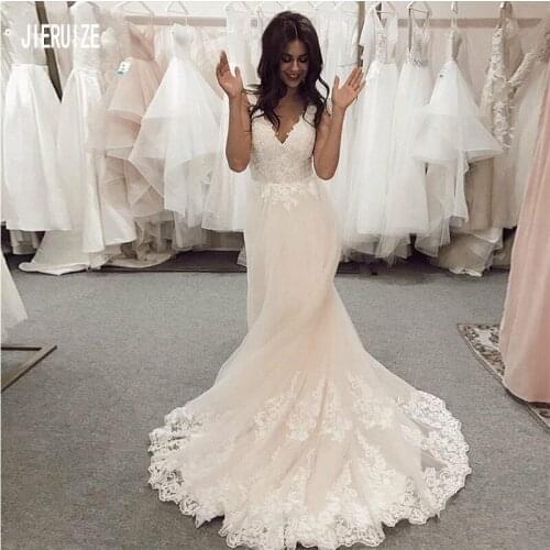 JIERUIZE Robe De Mariee Sexy Backless V Neck Lace Appliqued Mermaid Wedding Gowns Sleeveless Boho Bridal Dress