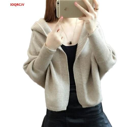 Women Spring Autumn Knitted Cardigans Sweater Batting Sleeve Short Cardigan Coat Female Casual Loose Hooded Warm Sweater W861
