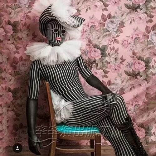 Nightclub Bar Party Female Singer Stripe Jumpsuit Decorative Hat Suit DJ DS Stage Performance Costumes Halloween Cosplay Outfits