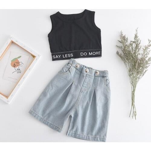 Menoea Kids Baby Girl Clothes Sets Letter Vest Tops Shirt Denim Pants Summer Outfit 2Pcs Suits Casual Toddler Children Outfits