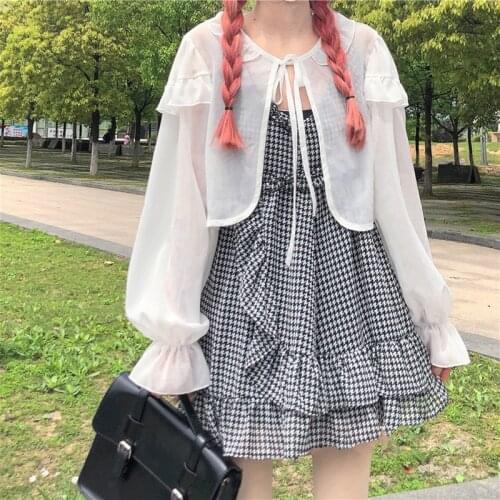 Japanese Sweet Lace Stitching Sling Dress Girls Sun-Protect Shirt High Waist Vintage Ruffle Summer Mini Plaid Dresses Vestidos