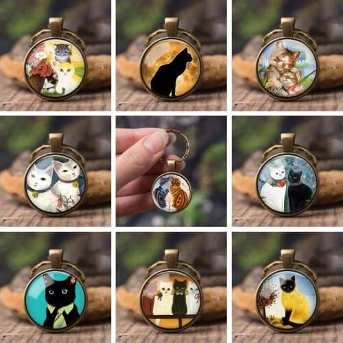 Cute Cat Full Moon Photo Keyring Glass Dome Animal Metal Keychain Key Ring Pendant Jewelry Fashion Handmade Accessories Gifts