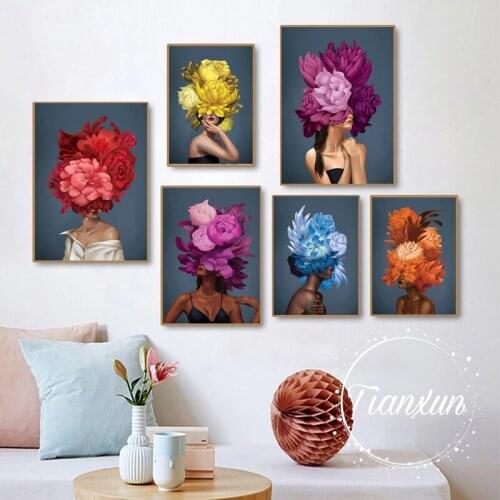 Wall Art Canvas Painting Big Blossom Rose Peony Fashion Girl Abstract Nordic Posters And Prints Wall Pictures For Living Room