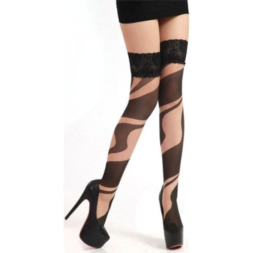 Casual Women Striped Stockings Lace Transparent Silk Nylon Long Socks Black Khaki Thigh High Socks Evening Party Women Stockings