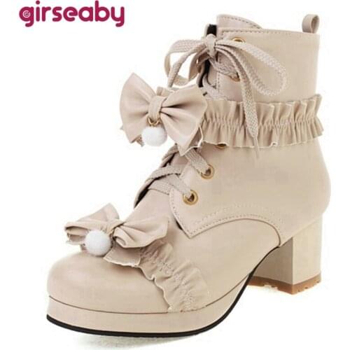 Girseaby Lolita Autumn Winter Ankle Short Boots Round toe Chunky Heels Zip Lace Up Bow Ladylike Small Size 30-43 Cosplay S2475