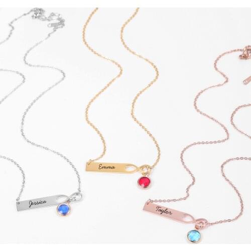 Stainless Steel Bar Engrave Pendant Necklace Custom Nameplate Infinite Loop Birthstone Necklace Personalized Gift Dropshipping