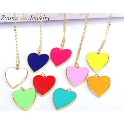 10PCS, Heart enamel necklace, gold color chain necklace, dainty enamel necklace, minimal necklace, love jewelry