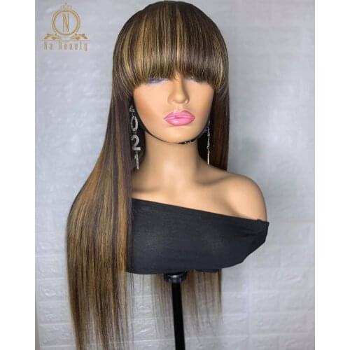 Fringe Blonde Highlight Human Hair Wigs With Bangs 13x4 Straight Hd Transparent Lace Front Human Hair Wig Bleached Knot Nabeauty