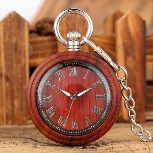 Retro Light Brown Wooden Quartz Pocket Watch Large Dial with Roman Numerals Classic Open Face Pendant Watch