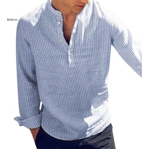 New Cotton Long Sleeve Mens Shirts Spring Autumn Striped Slim Fit Stand Collar Shirt Male Clothes Plus Size 5Xl