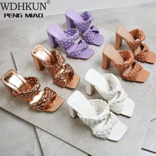 Leather Braided High Heel Sandals Women Runway Party Shoes Woman Cross Wove Folds Mules Shoes Sexy Thin Heel Slippers Woman