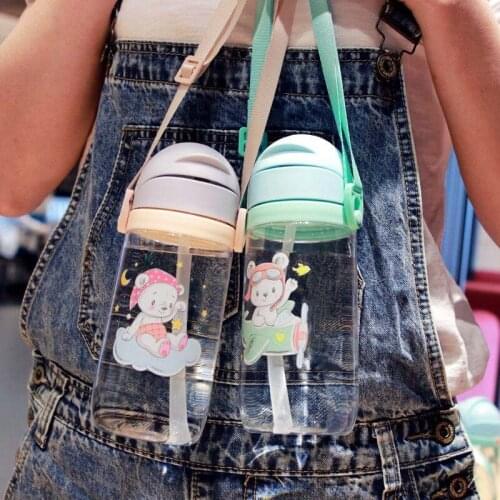 1Pcs Baby Kids Children Cartoon Animal School Drinking Water Straw Bottle Straw Sippy Cup With Shoulder Strap 420ml