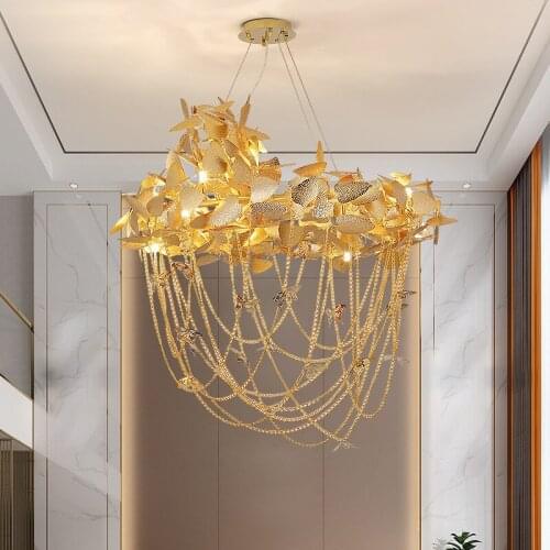 Atmospheric gold leaf chandelier light luxury aluminum chain lamp beautiful butterfly decoration for villa hall duplex buildin