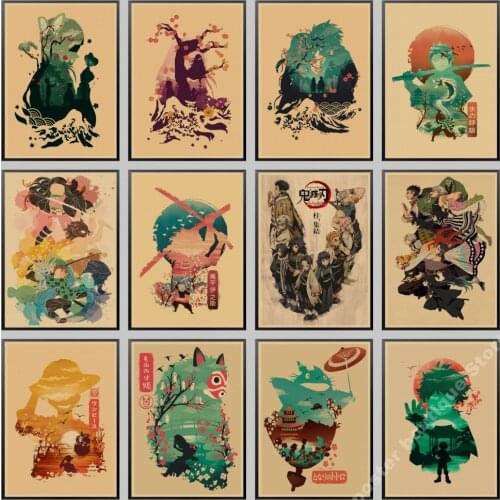 Vintage Anime Kimetsu No Yaiba Posters Sticker Demon Slayer Poster Wall Art Decoration for Living Room Bar Cafe Home Decor