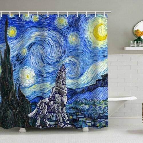 Starry sky robot dog shower curtain optional bathroom mat kit