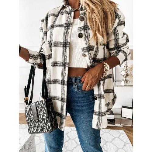 Women Long Sleeve Plaid Jacket Autumn Spring Oversized Coat 2021 Fashion Loose Outwear Vintage Elegant Shirts Streetwear