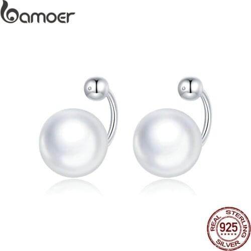 Bamoer Authentic 925 Sterling Silver Simple Shell Beads Earrings Stud Earrings for Women Silver women silver Jewelry BSE438