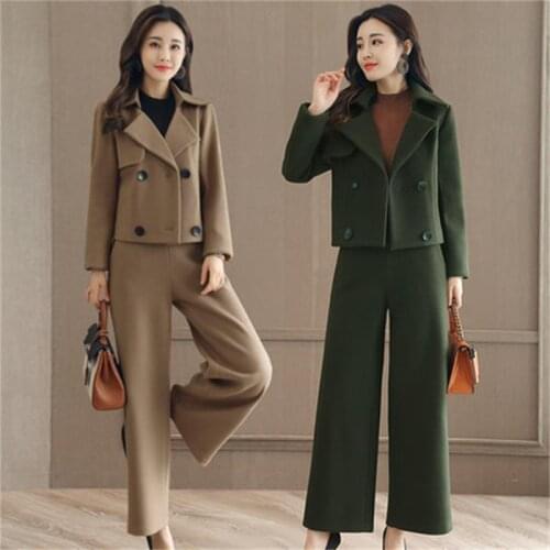 Set female 2018 autumn and winter large size woolen short coat wide leg pants womens ladies two sets of tide was thin