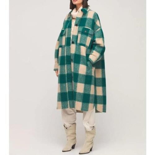 Women Woolen Plaid Long Coat Back Logo 2021 New Autumn Winter Single-Breasted Ladies Long Sleeve Outwear Coat