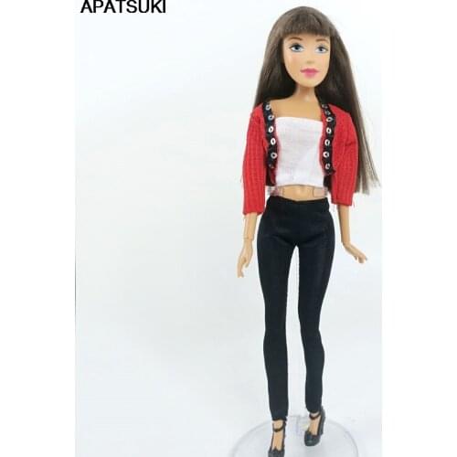 1set Fashion Outfits Clothing for Barbie Doll Clothes White Bra Top Black Long Pants Red Coat Suit Set Dollhouse Accessories