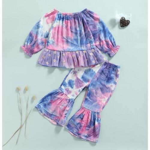 2Pcs Fashion Toddler Infant Tie-dye Outfits Princess Girls Daisy Print Long Sleeve Mesh Patchwork Pullover+Flared Pants Clothes