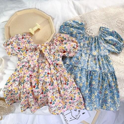 2021 Summer Girls Sweet Print Puffy Sleeve Dress Two Colors