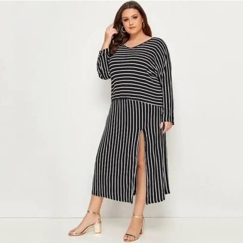 2XL To 7XL Plus Size Women Clothing Set Striped V-neck Long Sleeve Top + Hem Spllit High Waist Skirts Suits Two Piece Sets T1768