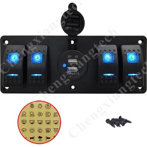 5 In 1 Truck Bus Boat 4 Gang Blue Led Light Rocker Switch With Dual USB 3.1A Charger Socket Aluminum Panel Waterproof