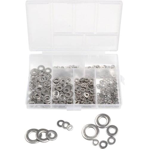 500Pcs Mulit-size M1.6/M2/M2.5/M3/M4/M5 304 Stainless Steel Flat Washer Plain Washer Gaskets Assortment Kit