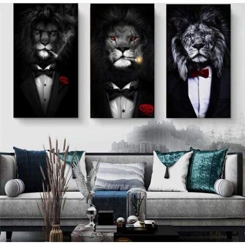 Abstract Art Lion Smoking Canvas Paintings On the Wall Art Pictures Black Wild Lion in a Suit Animals Canvas Picture Home Cuadro