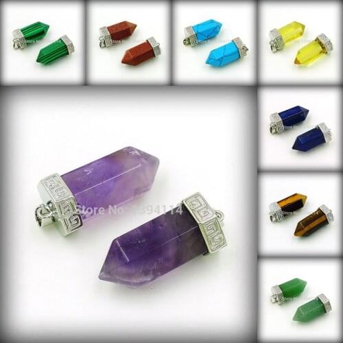 Amethys t/Tiger Eye/Turquois e Hexagon Pillar Point Pendants Stone Glued With Copper Cap Of Plating Platina Approx 17*40mm