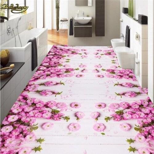 Beibehang Custom Photo 3D Floor Painting Wallpaper Aesthetic Pink Floral 3D Thickened Wear-resistant PVC Floorin papel de parede