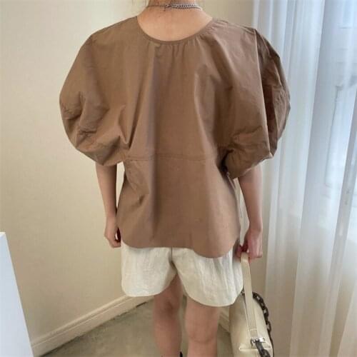 Pure Brown Round Neck Puff Sleeve Loose Korean Style Blouse
