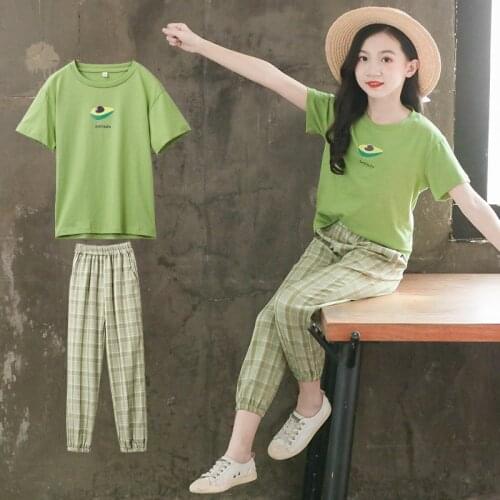 Summer Kids Girls Clothes teenager Kids Short sleeve Avocado t shirt + Leggings pants Childrens Cotton Set 4 7 8 10 12 13 years