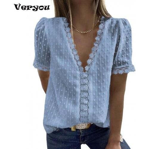 Summer Women Tshirt Chiffon 2021 Elegant V Neck Short Sleeve Tshirts Sexy Hollow Out Lace Ladies T-Shirts Solid Woman Shirt Tops
