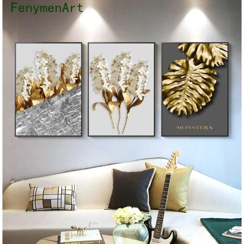 Golden Leaf Flower Canvas Painting White Flower Poster And Print Abstract Wall Art Nordic Picture for Bedroom Living Room Decor