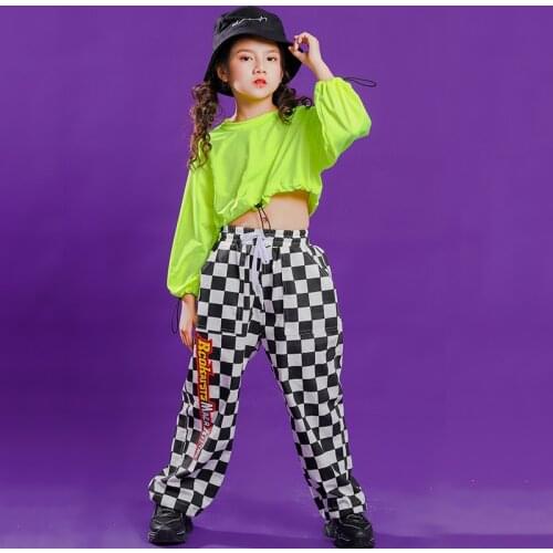 Girls Hip Hop Costume Fluorescent Green Croped Tops Sweatshirt Pants Carnival Costumes For Kids Adult Jazz Dance Street Wear