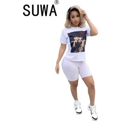 Summer Two Piece Outfits For Women Shorts Sets Classic Pullover T-Shirt Top And High Waist Biker Sweatpants Casual Home Wear