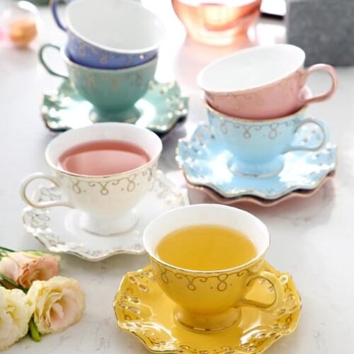 Europe small luxury elegant coffee cup and saucer Hollow pattern Ceramic Cup British afternoon Flower tea cup set Drinkware