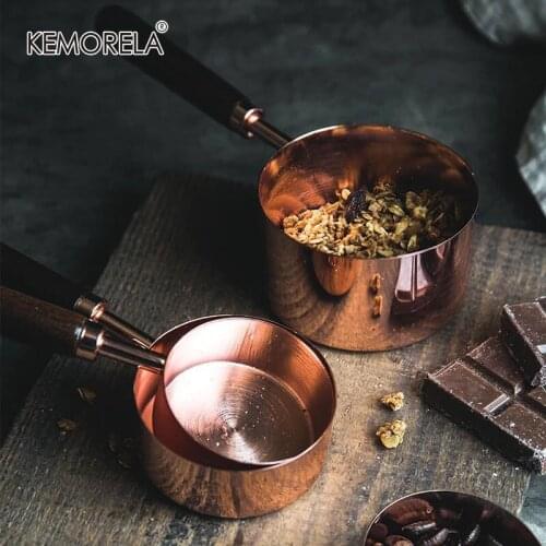 4Pcs/Set Rose Gold Stainless Steel Measuring Cups And Measuring Spoon Scoop Set Wooden Handle Kitchen Measuring Tool For Baking